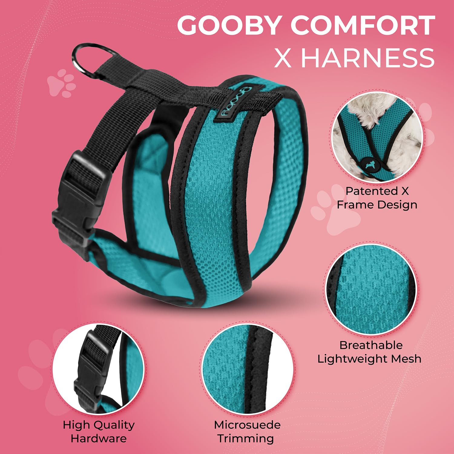 Gooby Comfort X Harnais turquoise cadre X, montre la traction réduite près du cou.