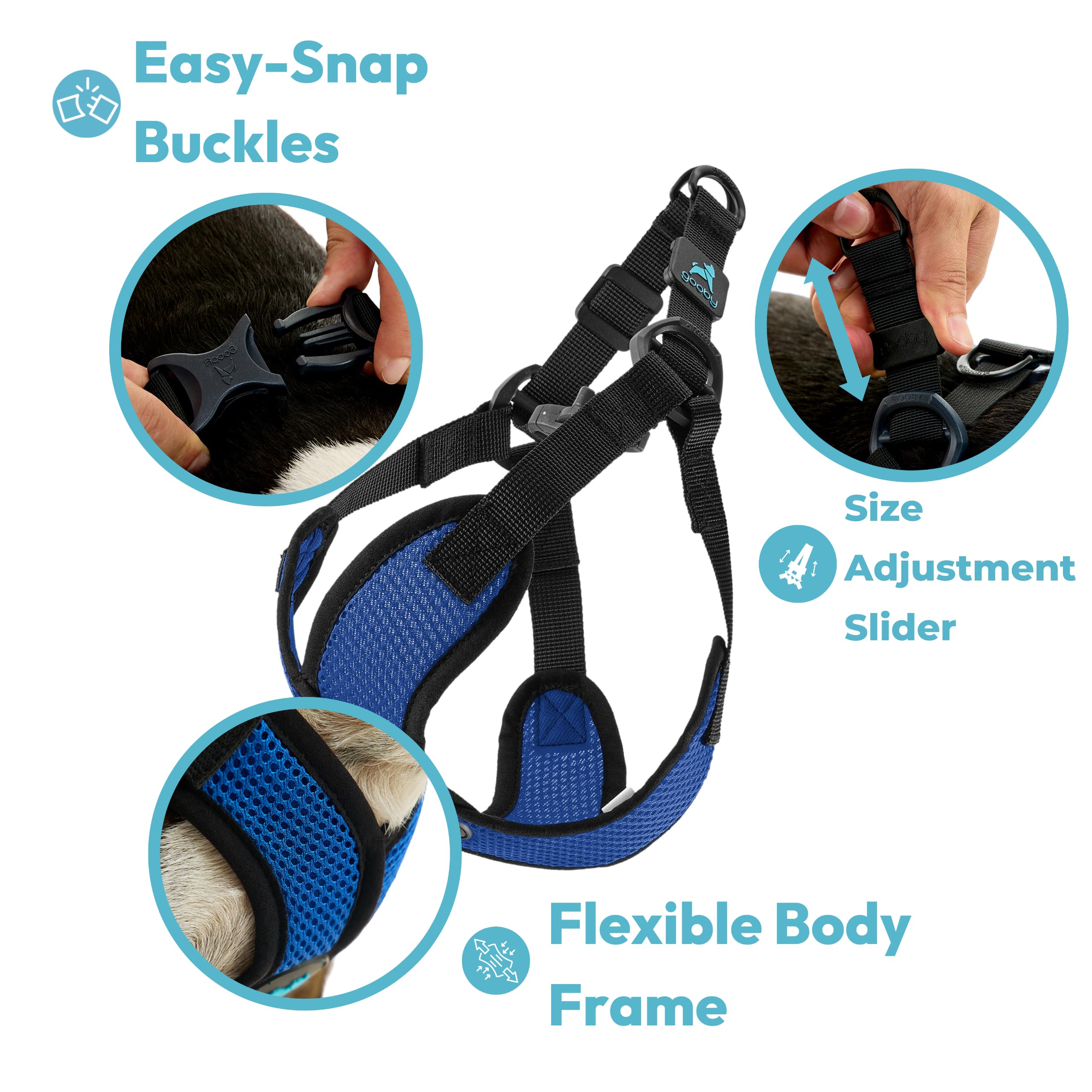 Harnais Gooby Comfort X bleu, mesh léger et respirant en utilisation.