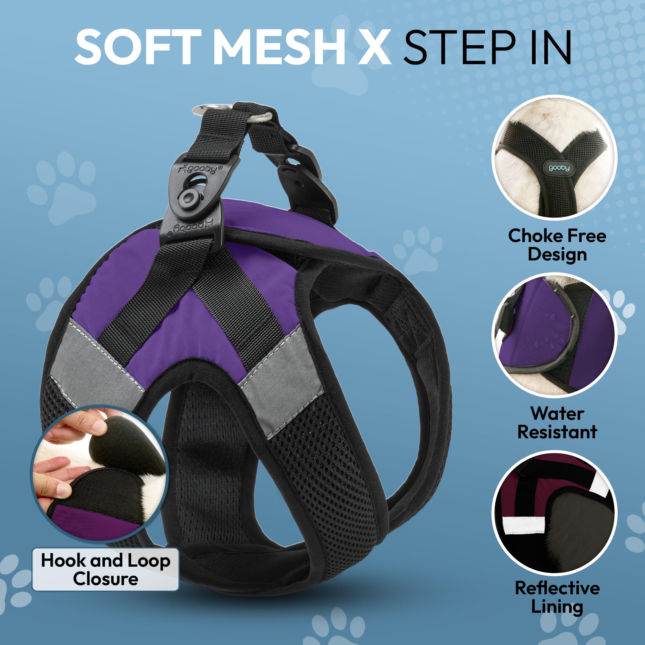 Fermeture Velcro ajustable sur le thorax du harnais Gooby Step-In violet XS.