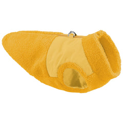 Gilet Gooby Sherpa jaune, extérieur pelucheux, chaleur douce pour les promenades hivernales.