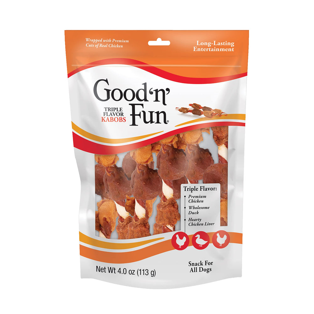 Good'N'Fun broche triple saveurs poulet-canard-foie, friandise longue durée pour chiens gourmands.