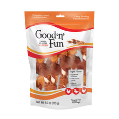 Good'N'Fun broche triple saveurs poulet-canard-foie, friandise longue durée pour chiens gourmands.