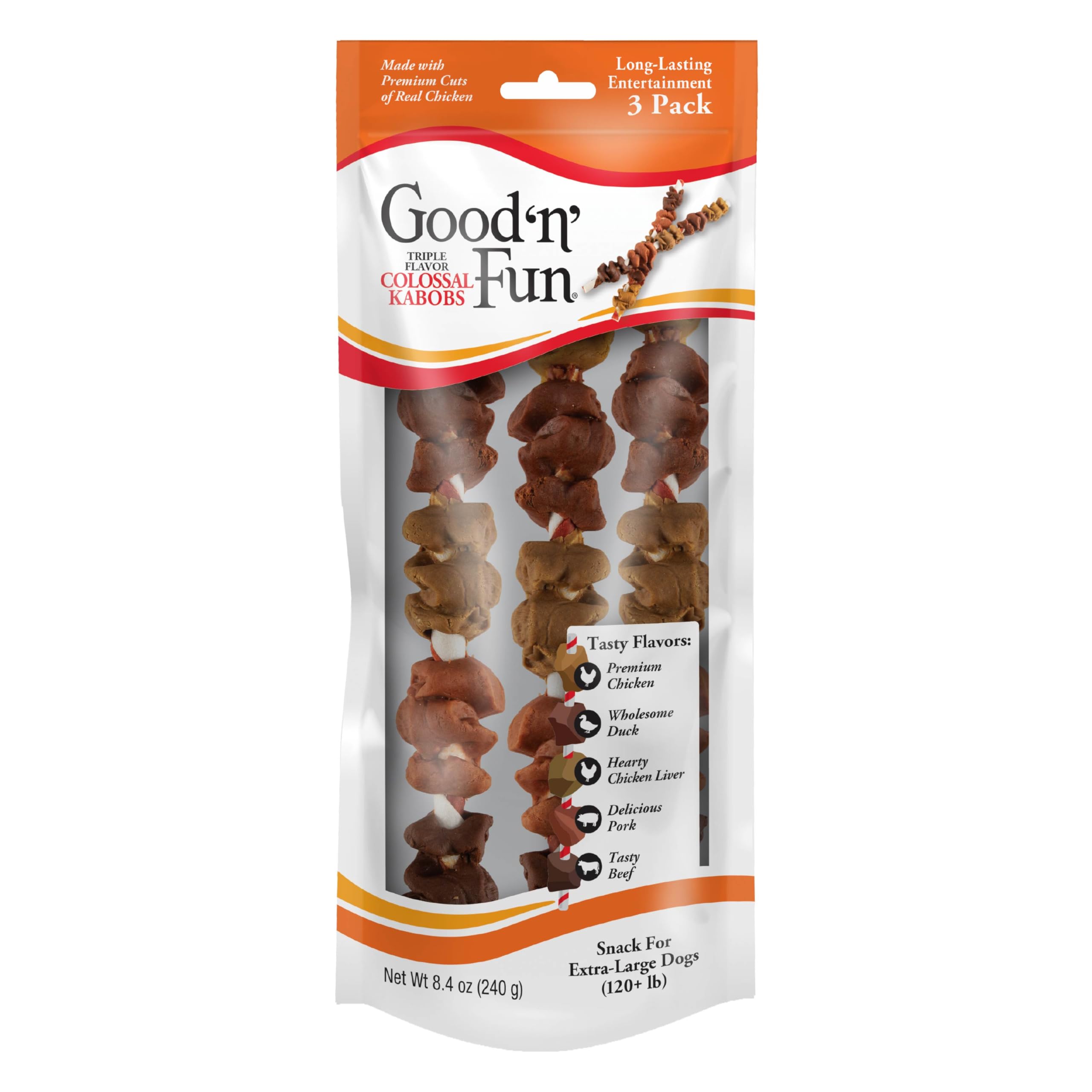 GOOD 'N' FUN Kabobs Colossaux Saveurs Triple, friandise longue durée idéale pour chiens actifs.