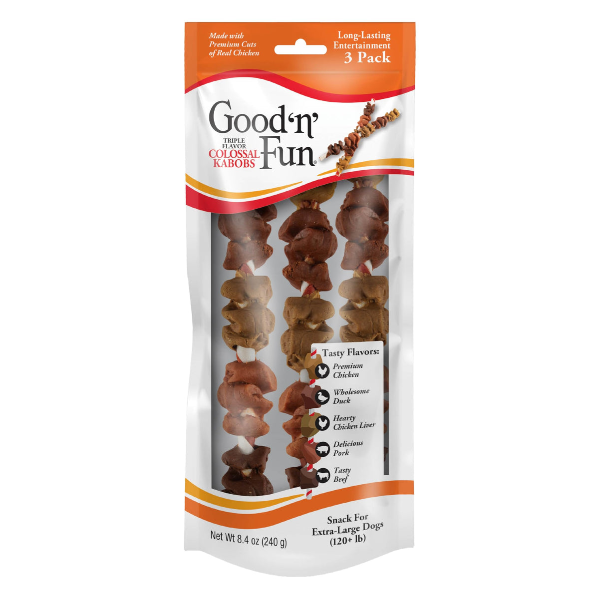 GOOD 'N' FUN Kabobs Colossaux Saveurs Triple, friandise longue durée idéale pour chiens actifs.