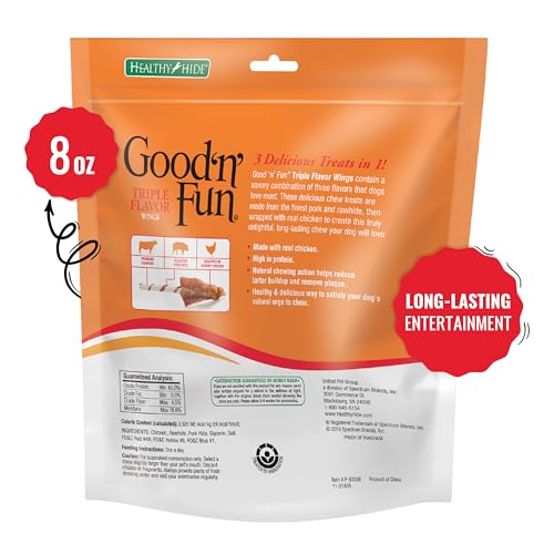 Good ‘n’ Fun, peau de boeuf; bouchée durable pour une mastication satisfaisante.