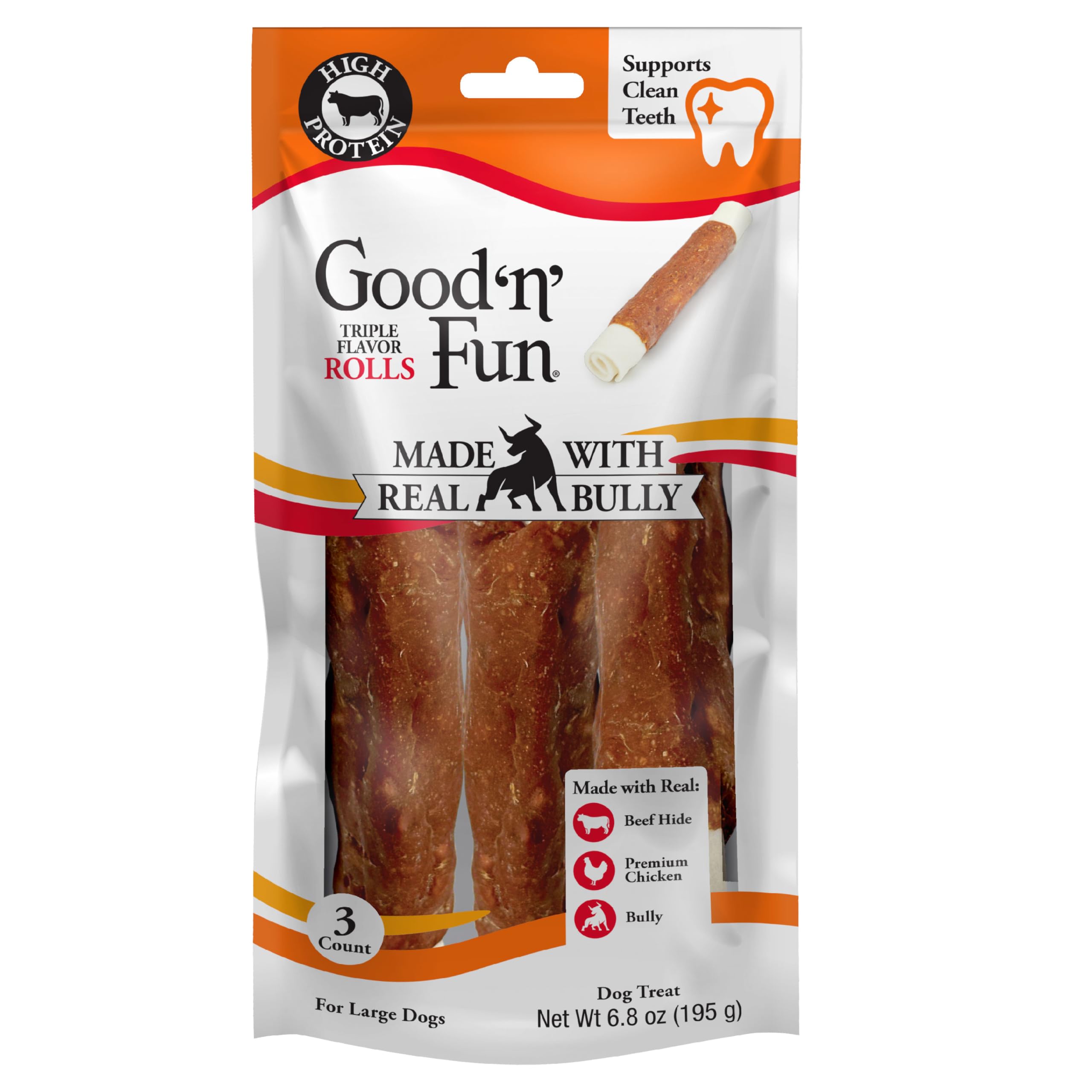 GOOD 'N' FUN Rouleaux triple saveur – emballage visible, snack protéiné durable pour grands chiens.