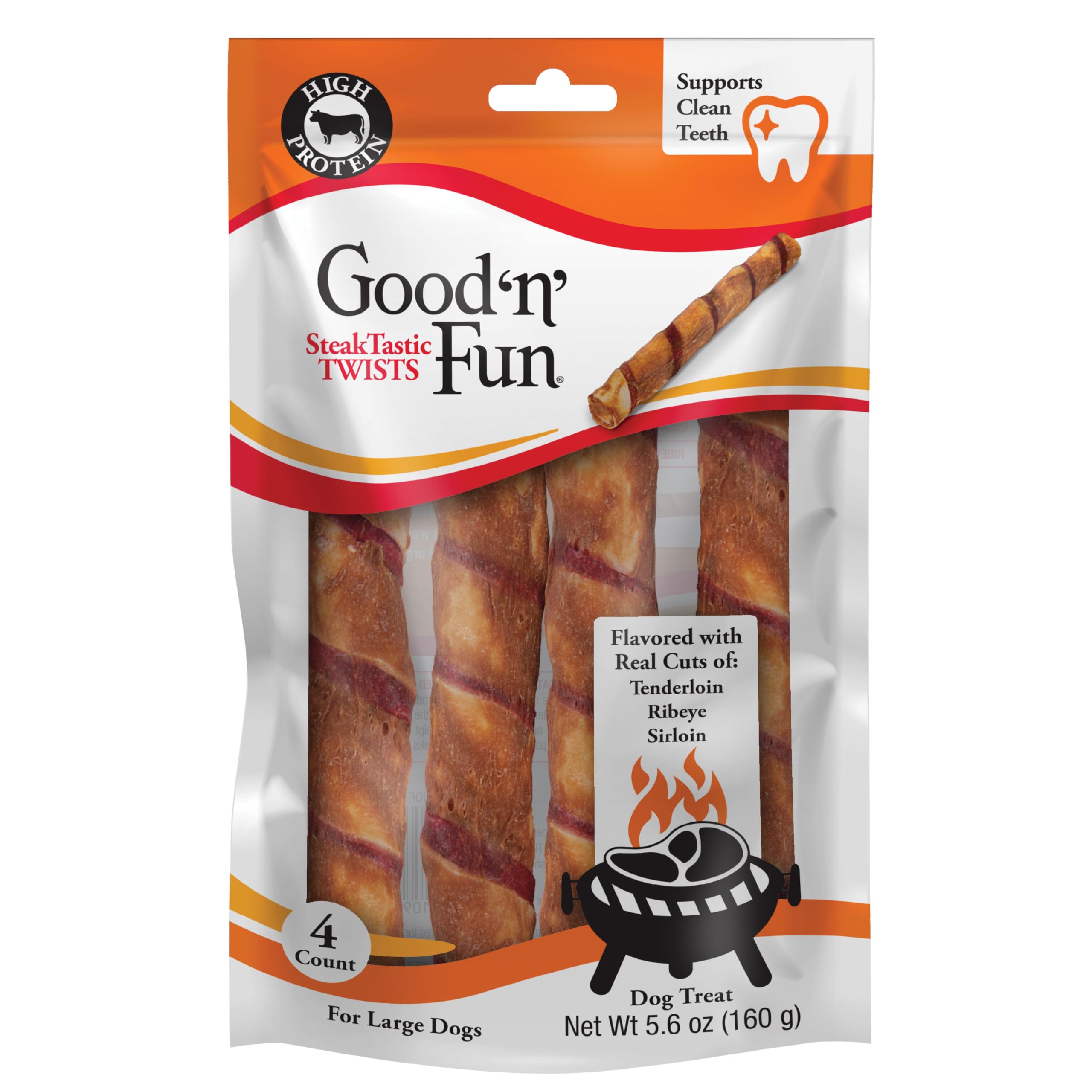 GOOD 'N' FUN Steaktastic Twists emballage – friandise protéinée pour grands chiens.