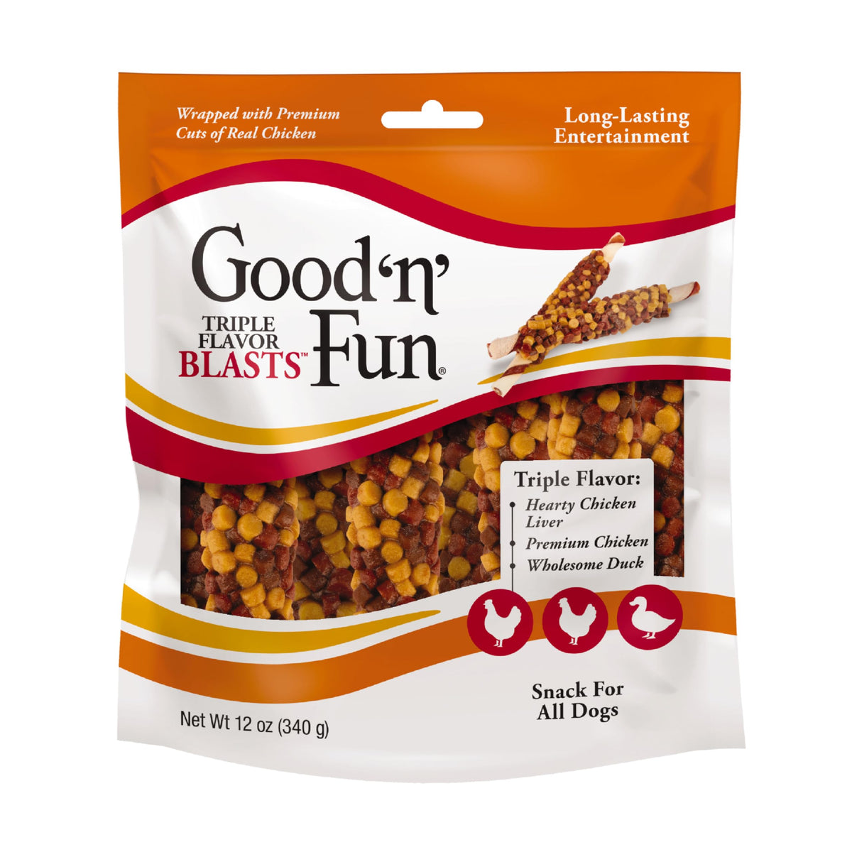 Good'n'Fun Triple Flavor Blasts emballage attrayant pour chien et mastications durables