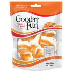 good'n'fun triple flavor chips poulet et boeuf, premier plan, bouchée durable.