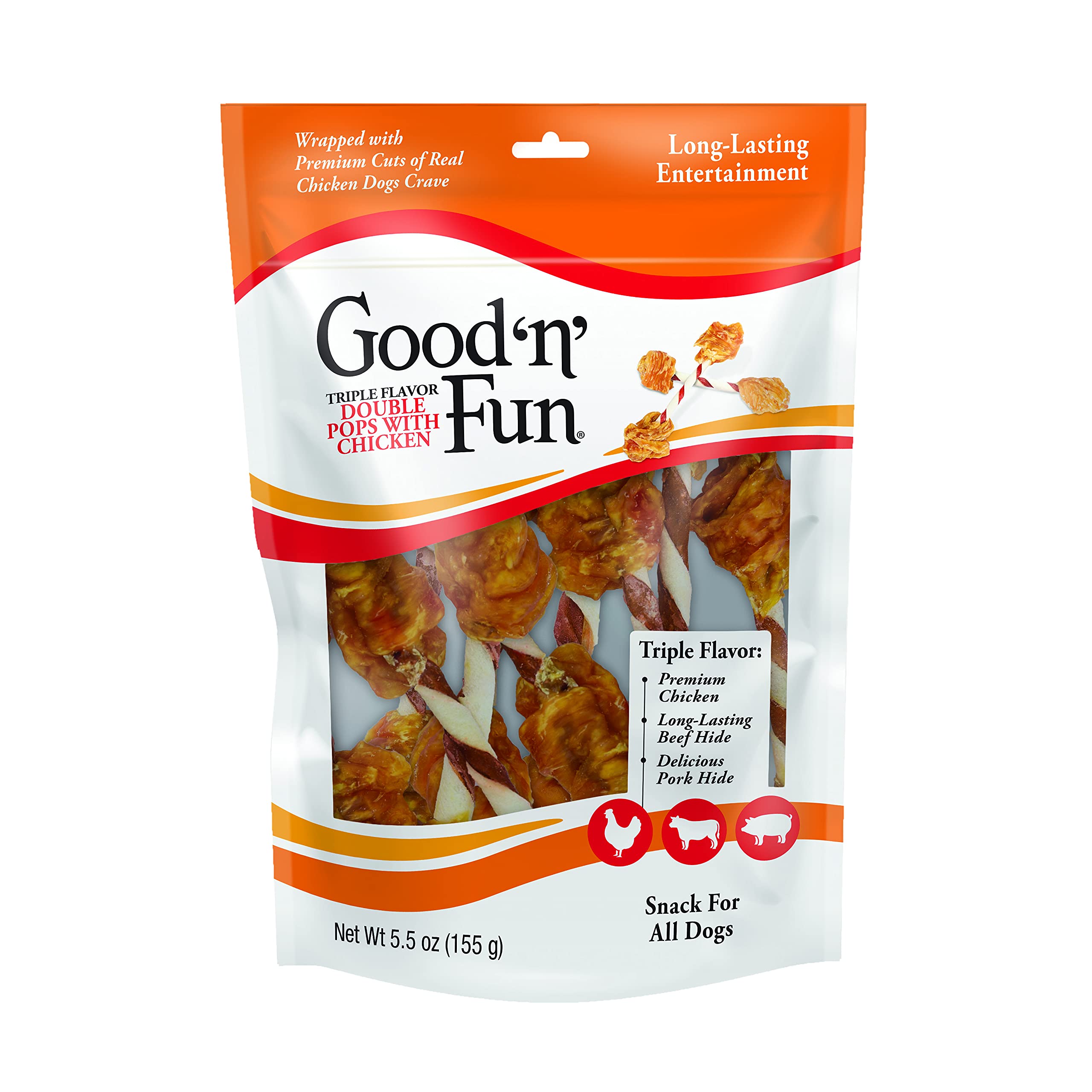 Good 'n' Fun Triple Flavor Double Pops poulet sachet: friandise protéinée et savoureuse.