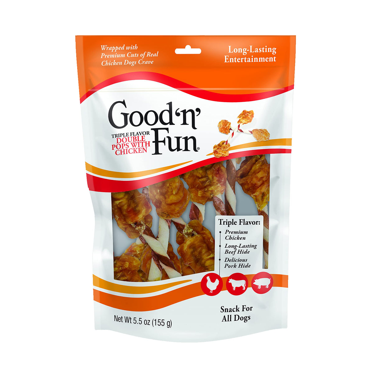 Good 'n' Fun Triple Flavor Double Pops poulet sachet: friandise protéinée et savoureuse.
