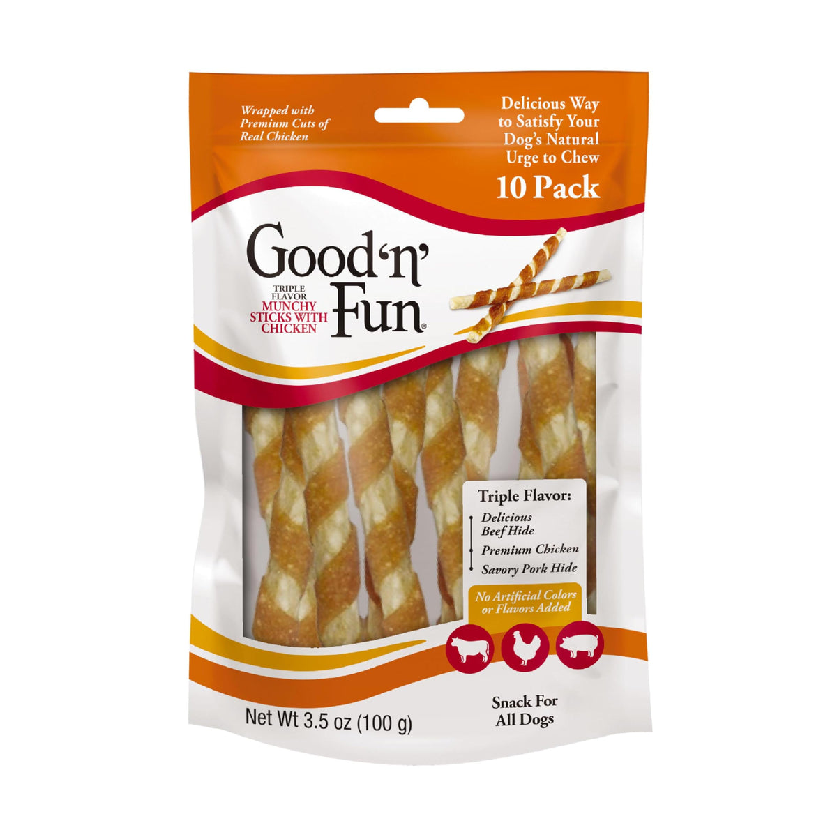 GOOD 'N' FUN Munchy Sticks trois saveurs en boîte, friandise appétissante pour chiens.