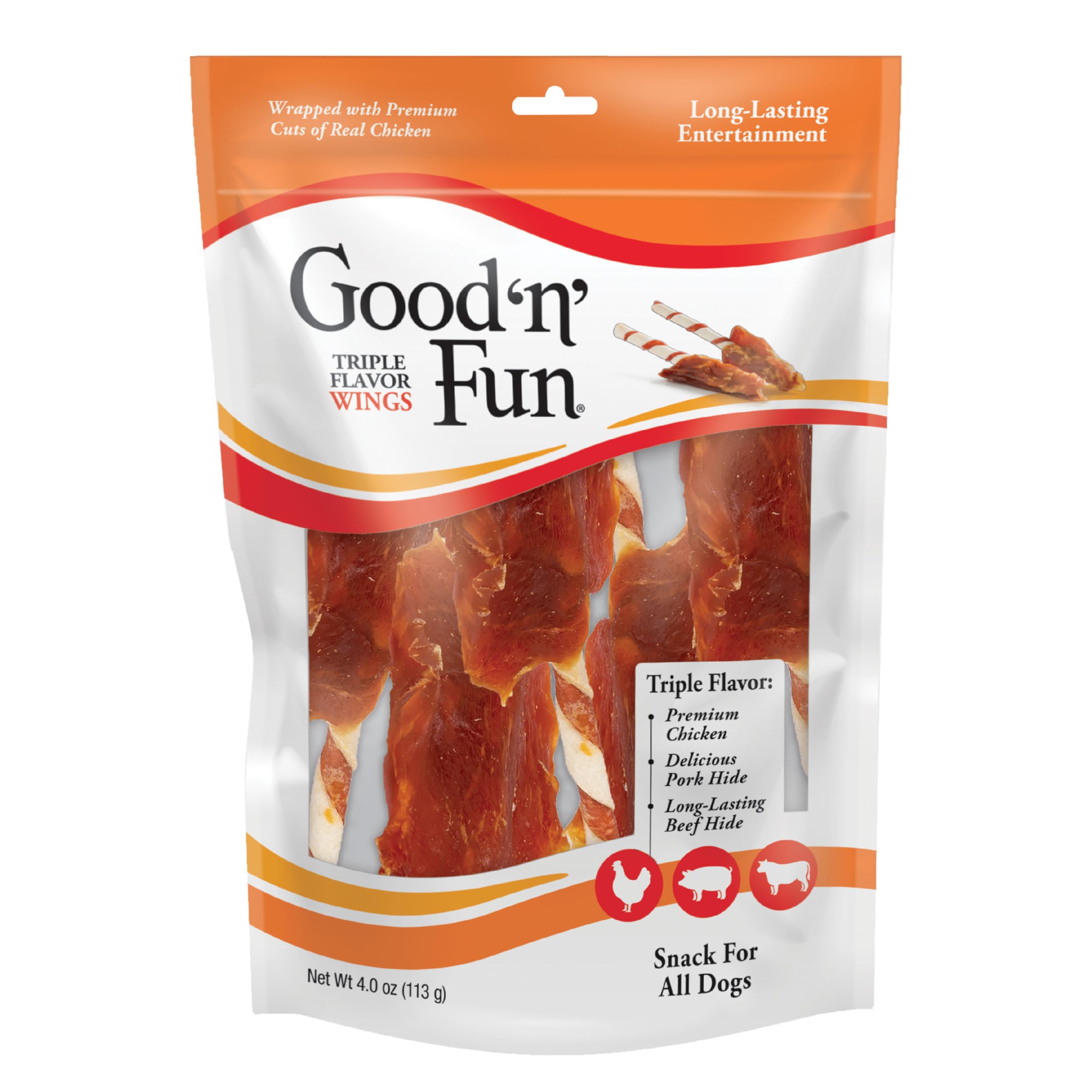 GOOD 'N' FUN Triple Flavor Wings emballage attrayant, friandise pour chiens.