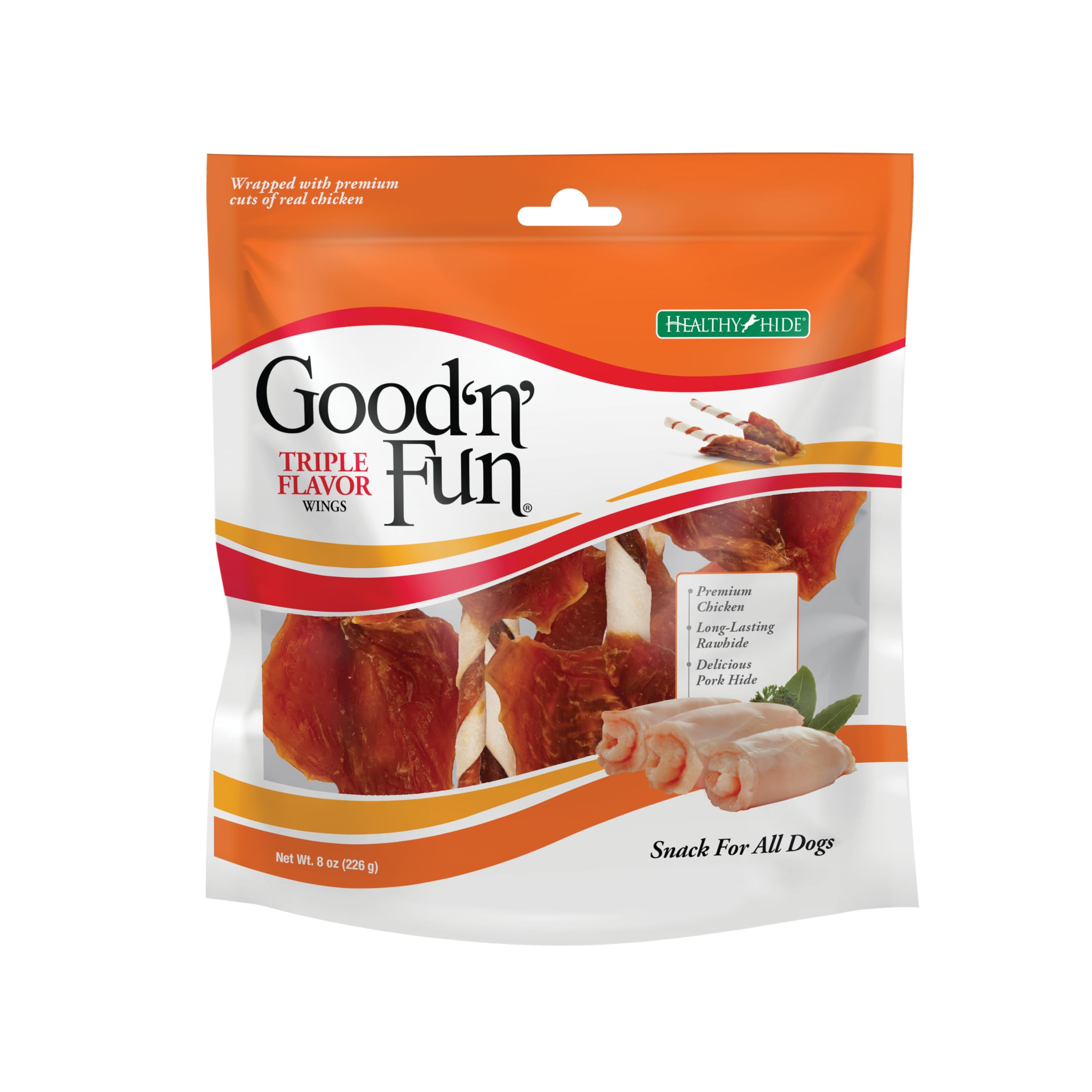 Good ‘n’ Fun, Triple Flavor Wings, ailes de poulet; friandise protéinée et longue durée.