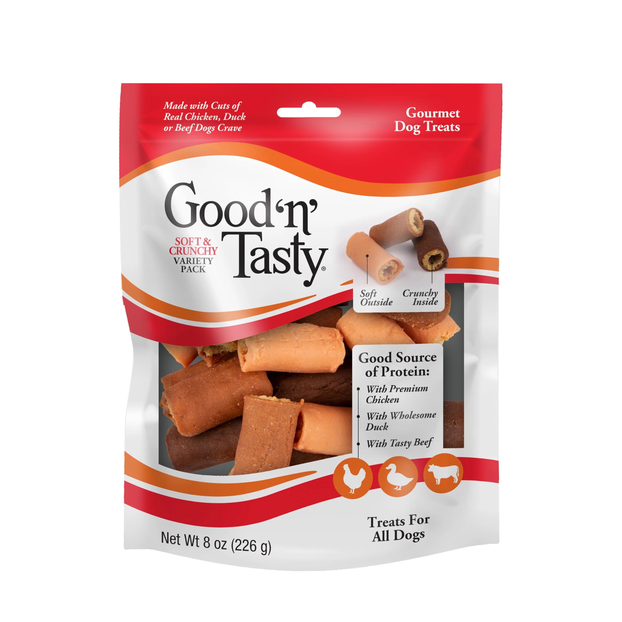 Good ‘N’ Tasty rouleaux poulet: texture tendre extérieure et croquante intérieure, régal quotidien pour chien.