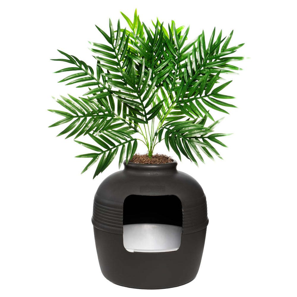 Good Pet Stuff planter-litiere-cachee-ronde-noir, design discret pour le salon.