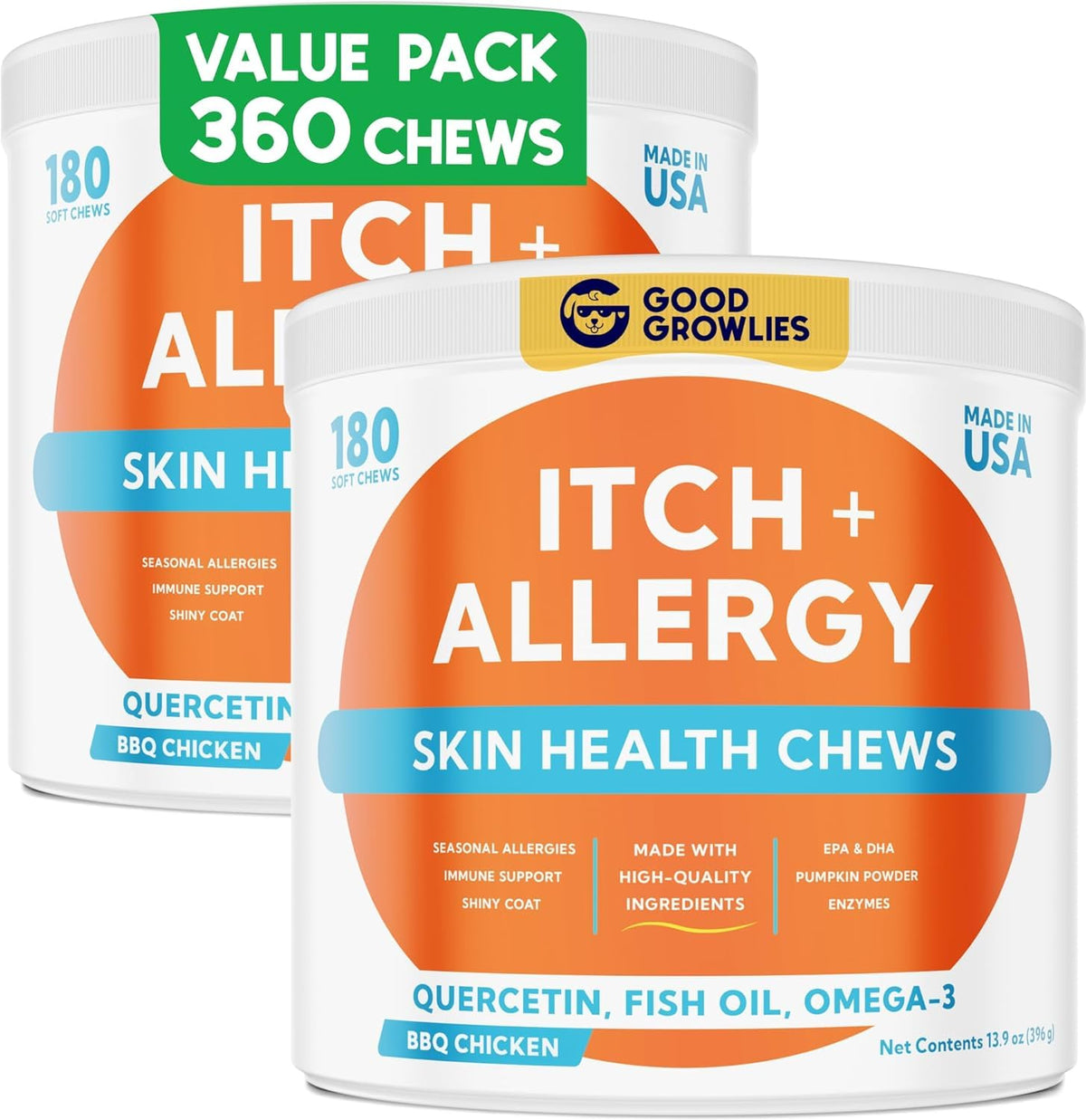 GOODGROWLIES Allergy Relief Chews pour chien, améliore le pelage et apaise les démangeaisons