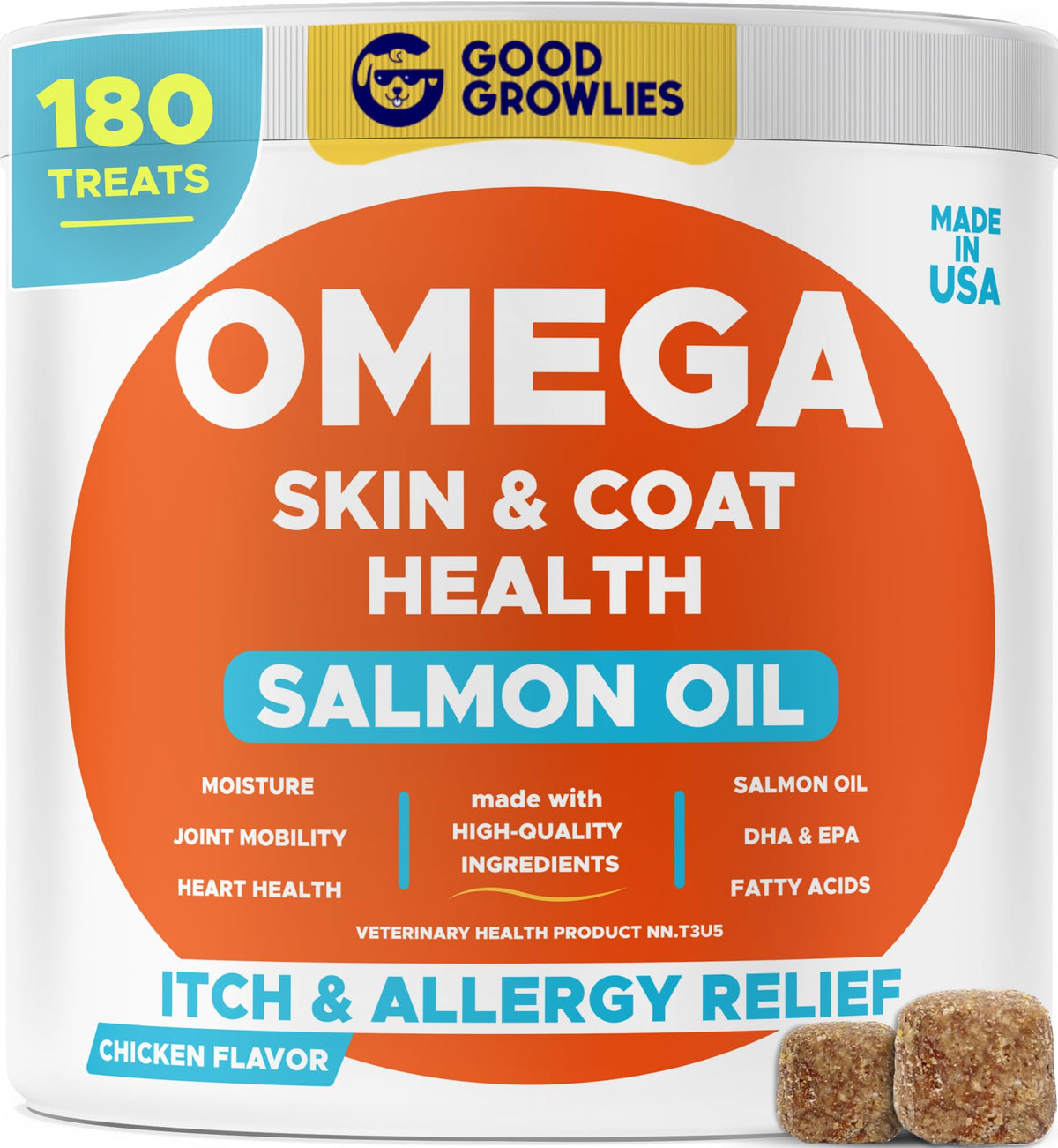 GOODGROWLIES Omega3 chien — bouteille montrant des friables pour peau saine et pelage brillant.