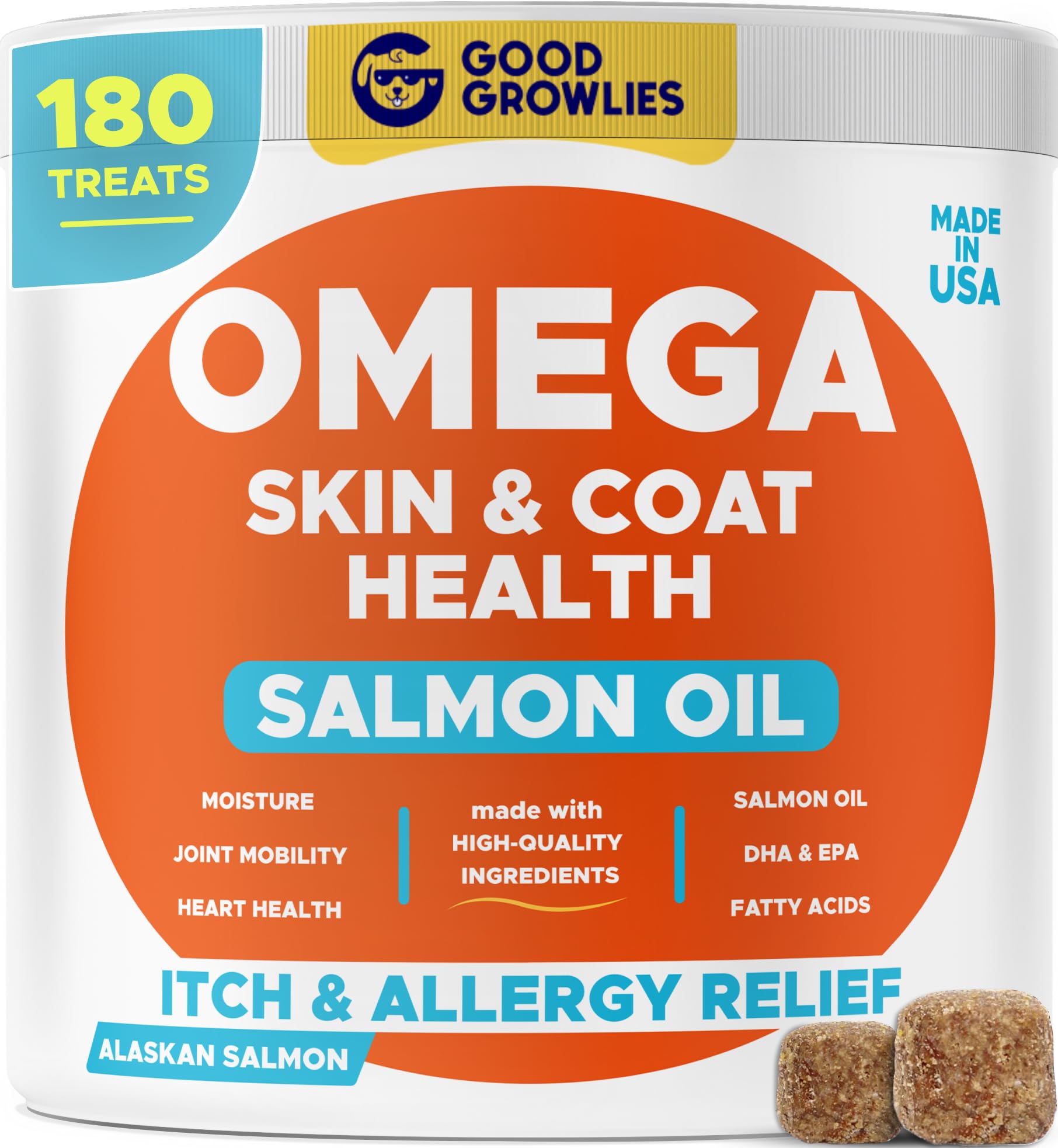 GOODGROWLIES emballage des bouchées omega-3 pour chien, pratique et facile à donner.