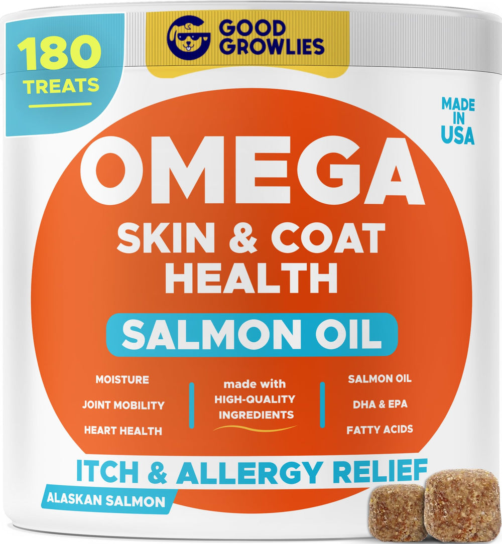 GOODGROWLIES emballage des bouchées omega-3 pour chien, pratique et facile à donner.
