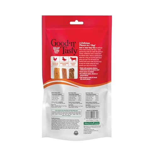 Good N Tasty Snap EMS : trois saveurs affichées, poulet-canard-boeuf, idéal pour récompenses.