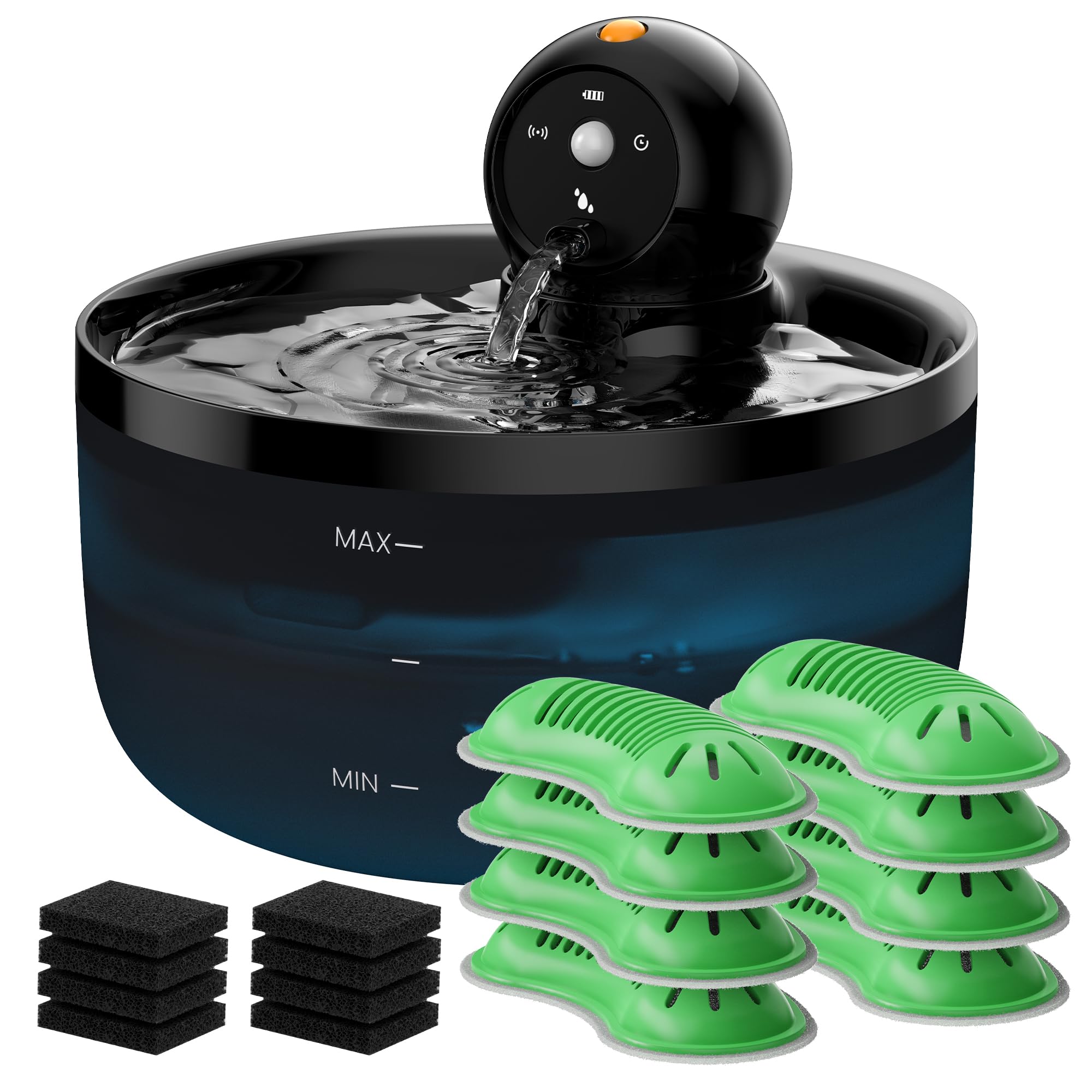 GOOIFUN fontaine-chat sans fil 2,6 L montrant le réservoir et la stabilité, hydratation pratique
