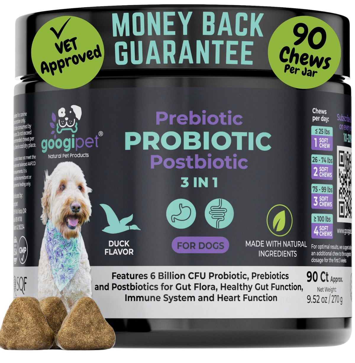 Googipet bouchées probiotiques chien canard soutiennent une digestion équilibrée.