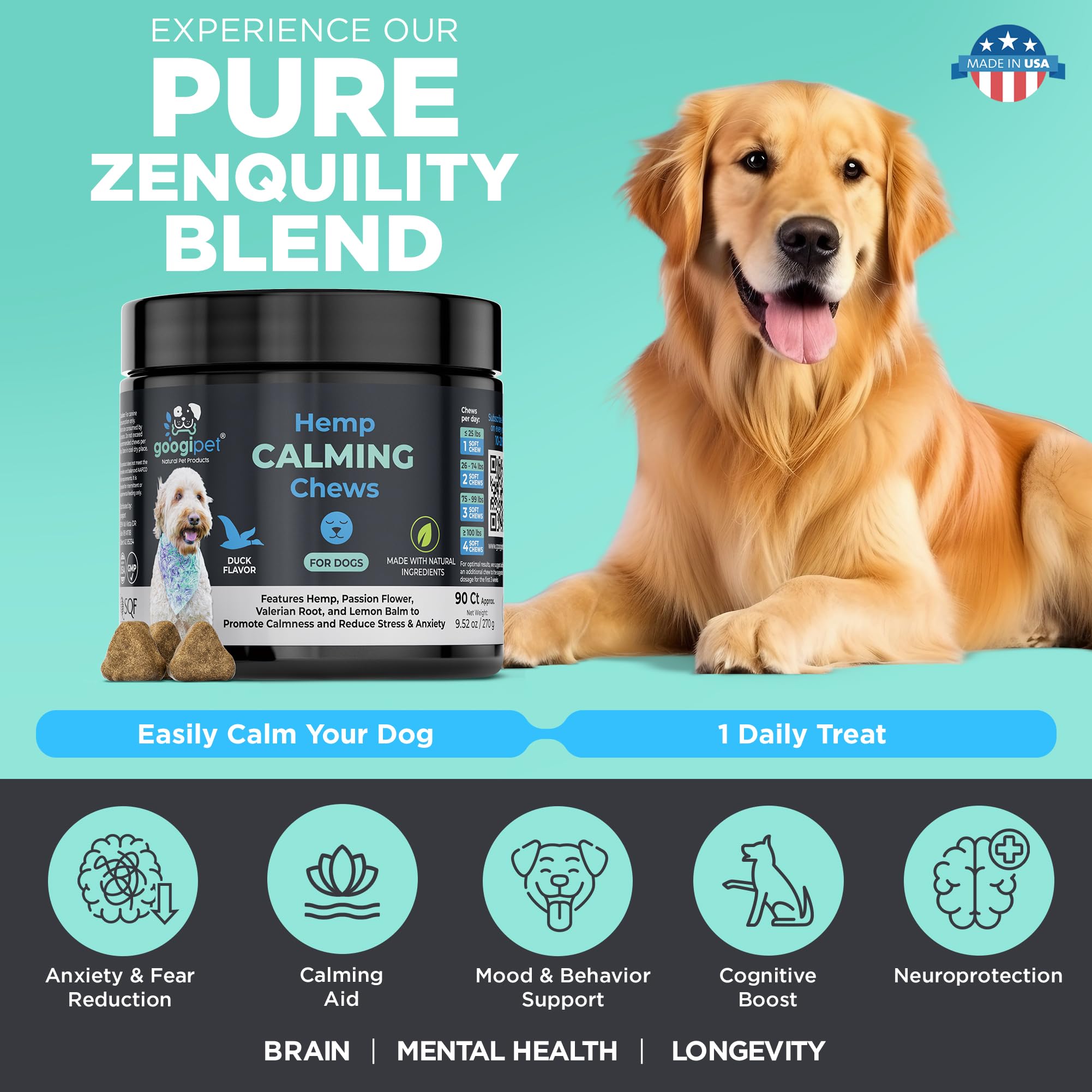 GOOGIPET Daily Hemp Calming Chews – chien calme après avoir goûté les friandises.