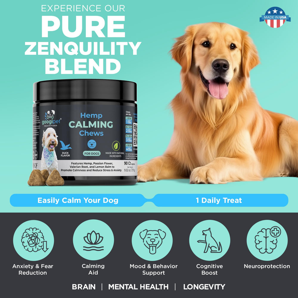 GOOGIPET Daily Hemp Calming Chews – chien calme après avoir goûté les friandises.
