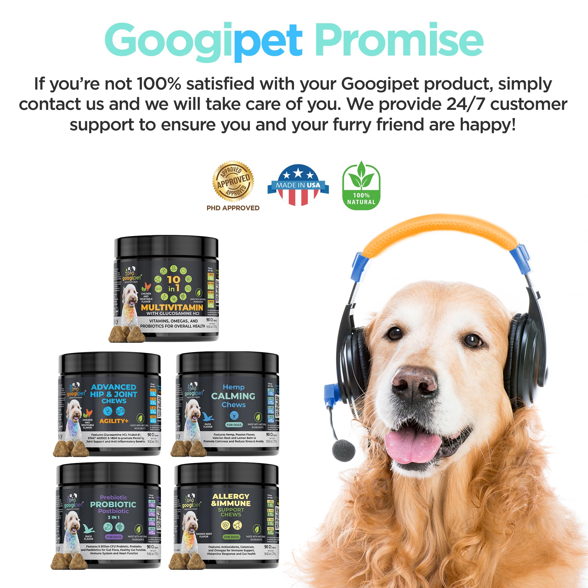 GOOGIPET Daily Hemp Calming Chews – fabriqué aux États‑Unis dans une usine GMP.