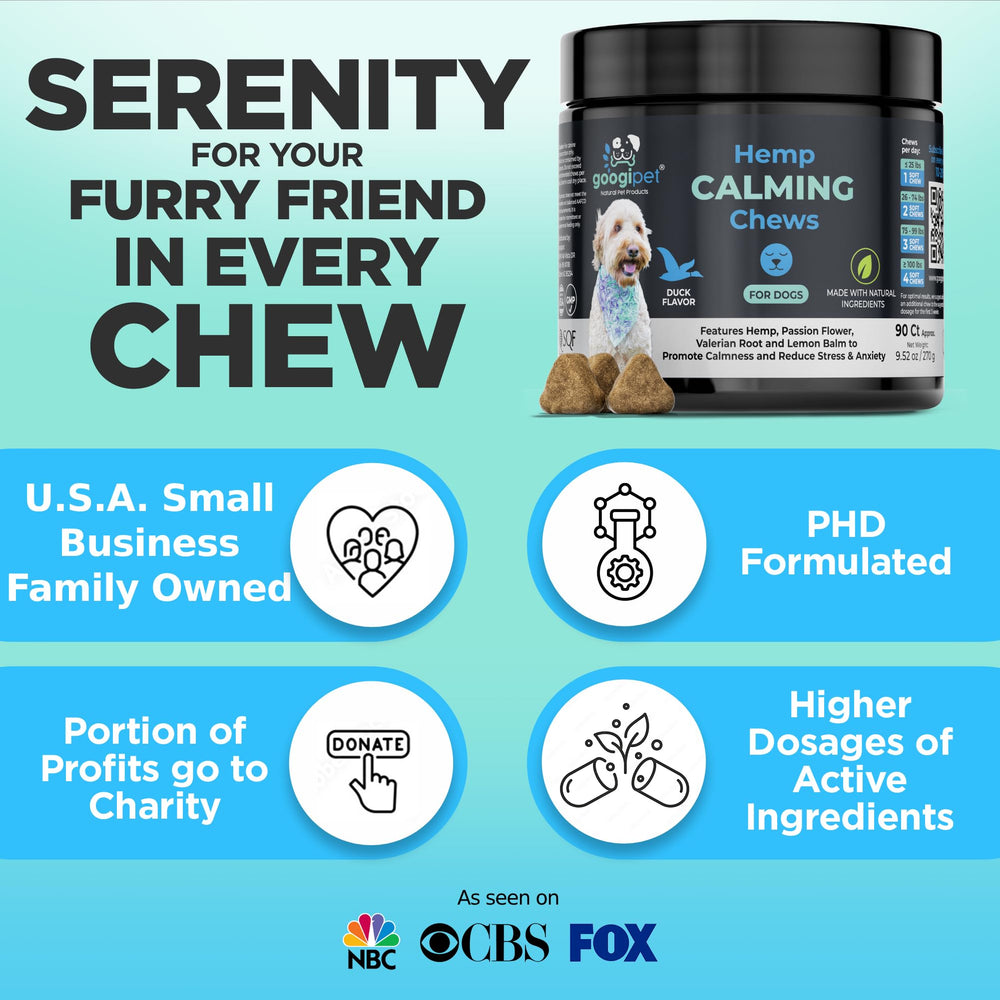 GOOGIPET Daily Hemp Calming Chews – sans maïs, blé ni soja et sans conservateurs artificiels.