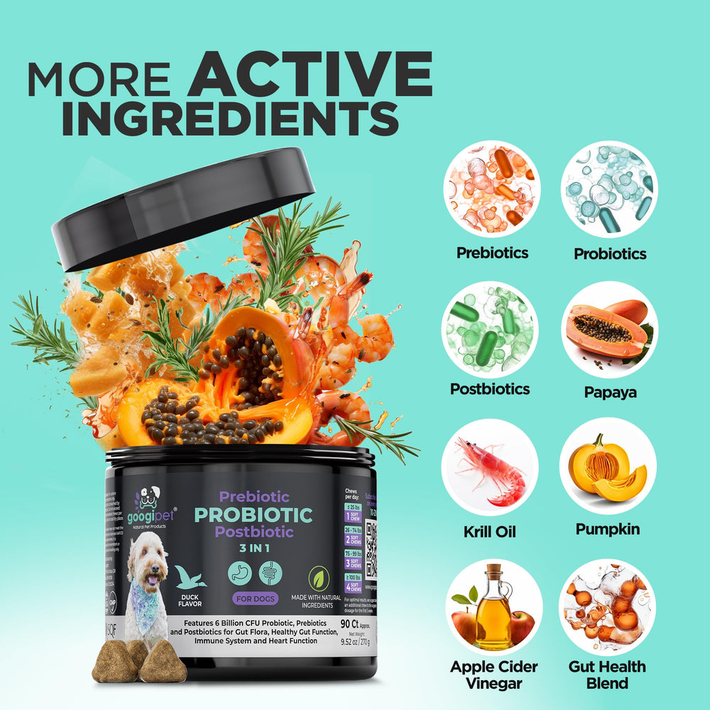Googipet prébiotiques et probiotiques chien — ensemble pour la santé intestinale.