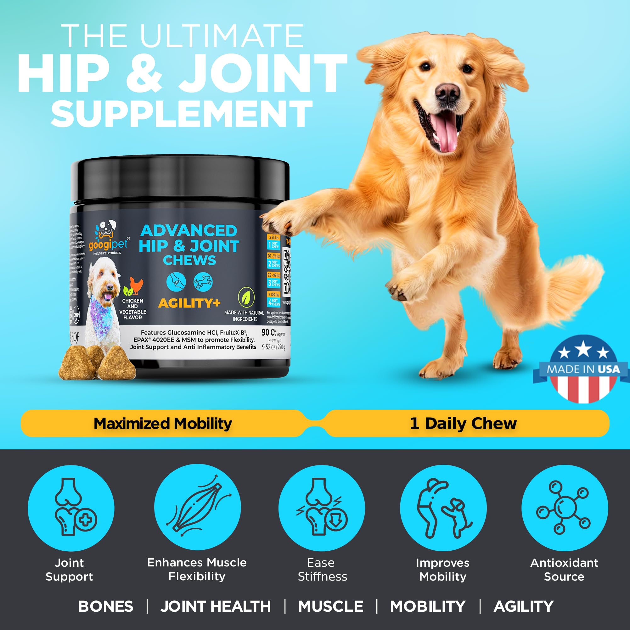 Googipet Premium gommes articulations chien: étiquette vétérinaire attestant sécurité et qualité.