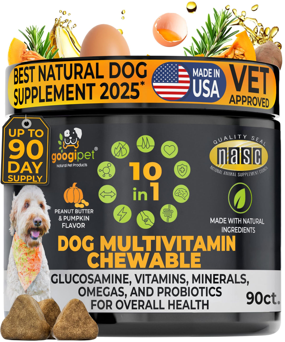 Googipet Premium Vitamine Chien Masticable – flacon pratique et goût agréable.