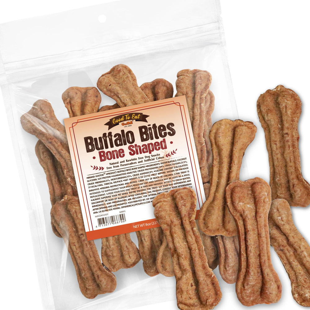 Friandises de buffle Gootoe dans un sac refermable pour garder la fraicheur.