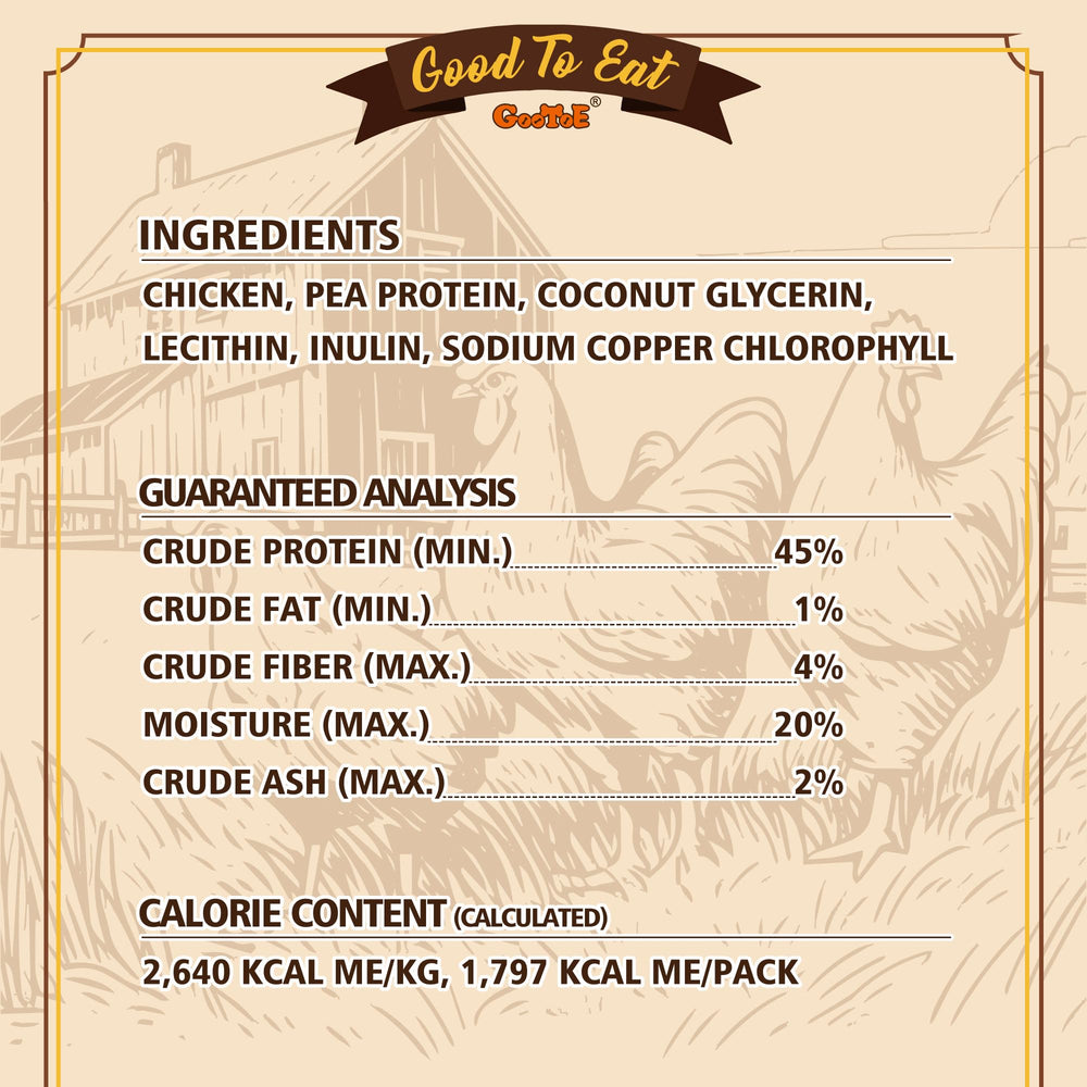 Gootoe friandises molles au poulet, avantages potentiels pour la mastication et l’hygiène.