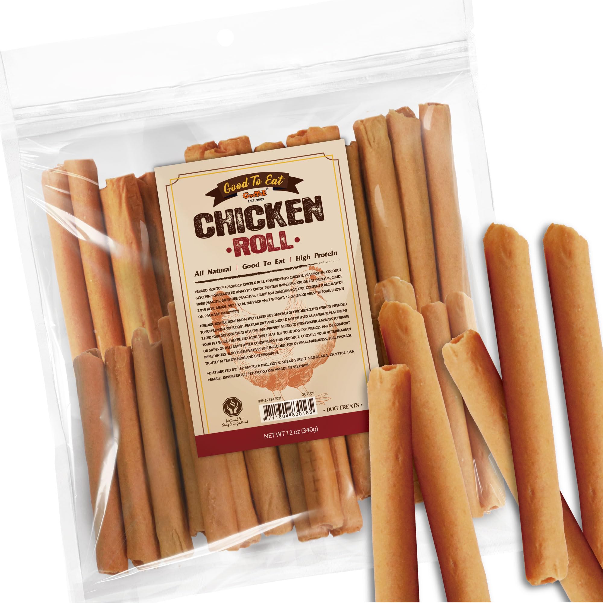 Gootoe rouleau poulet seche: friandise proteinee et savoureuse.