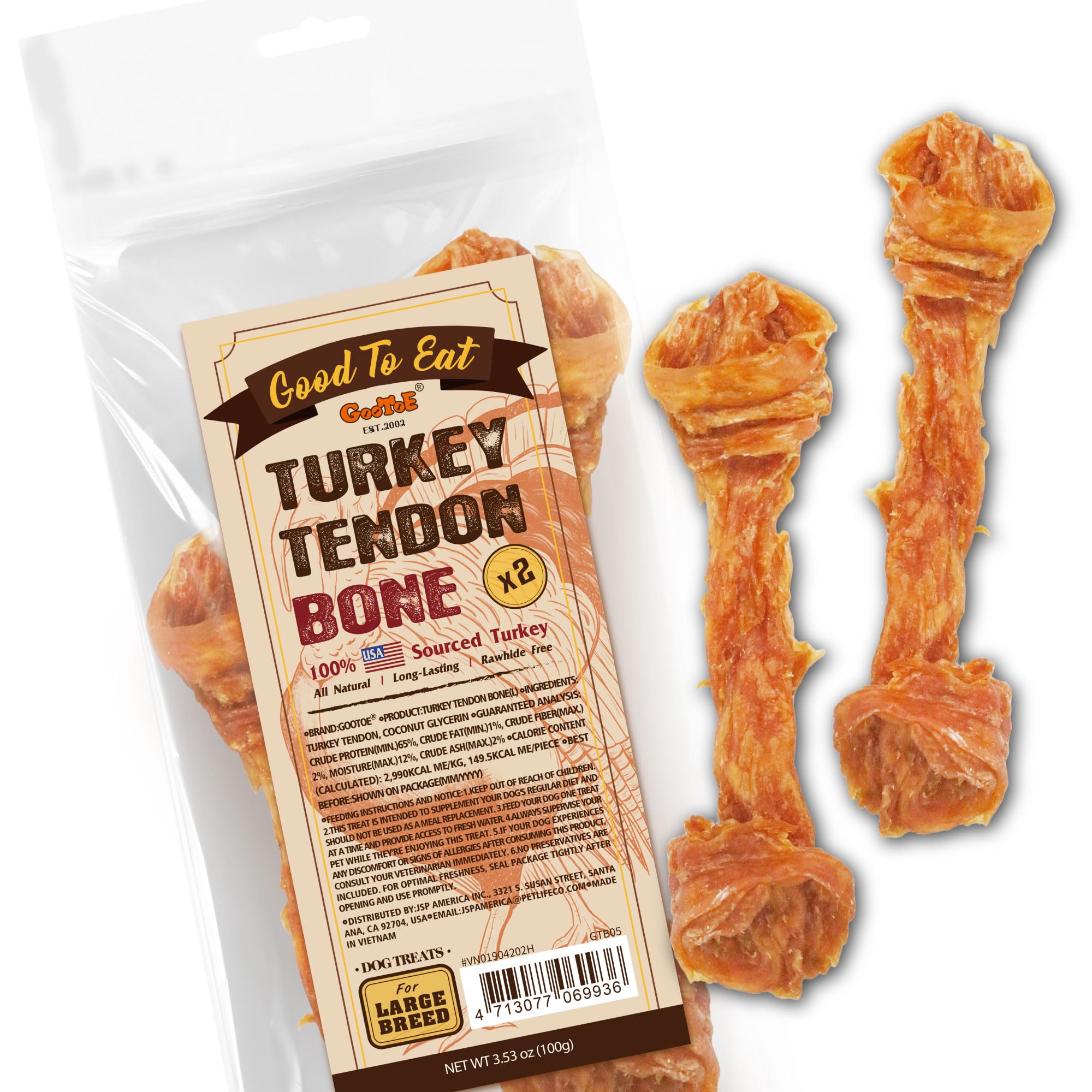 Gootoe Tendons de Dinde – pack de 2, récompense longue durée pour chien.