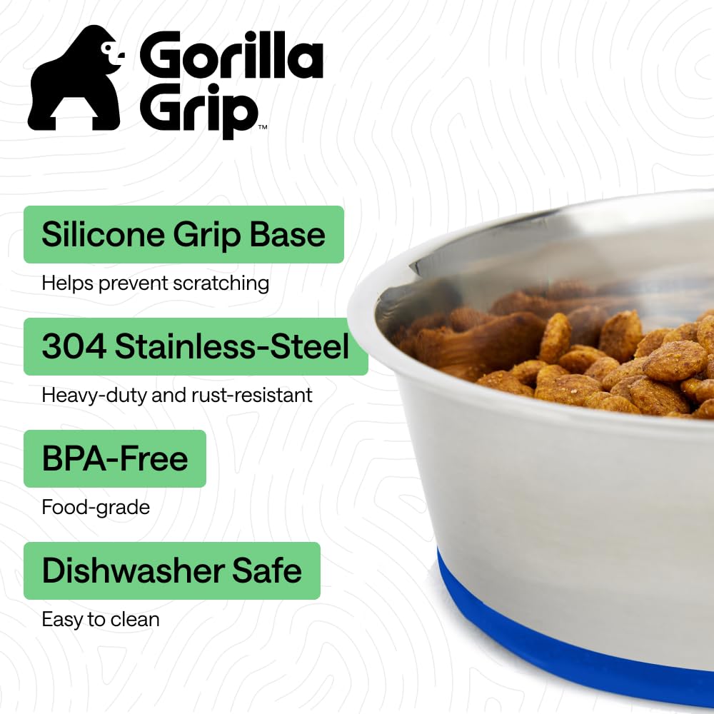 Bol nourriture et eau Gorilla Grip bleu, inox 304, hygiène facile.