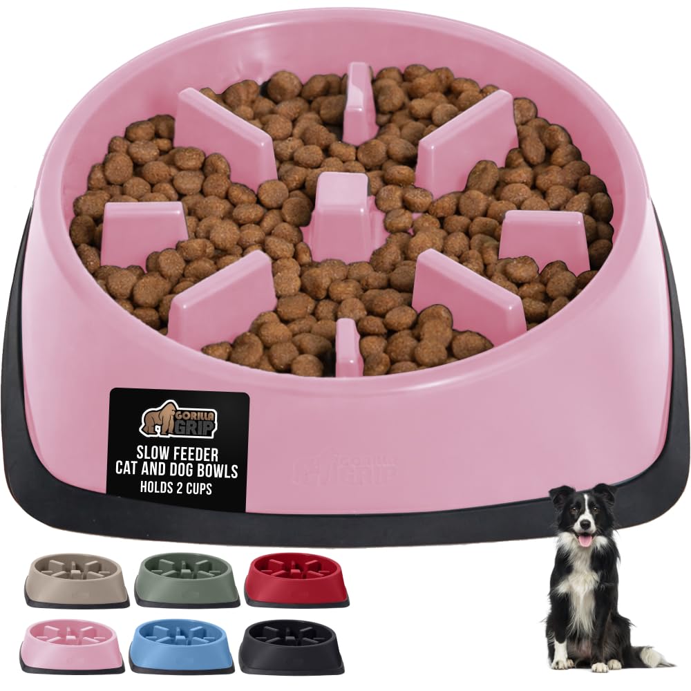 Gorilla Grip bol puzzle lent rose 2tasses pour chien et chat, repas interactif.