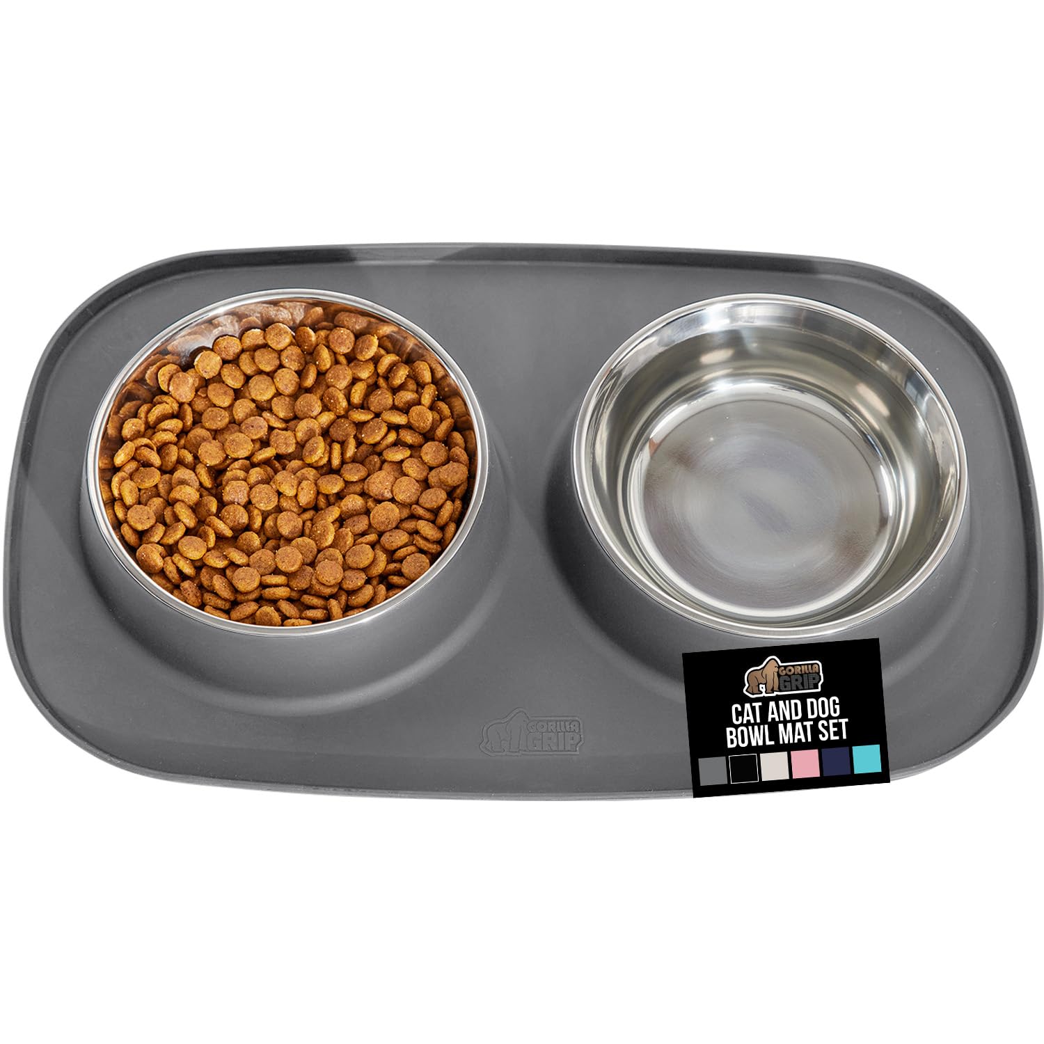 Mat d'alimentation Gorilla Grip et bols en inox sur un sol propre, base anti-glisse.