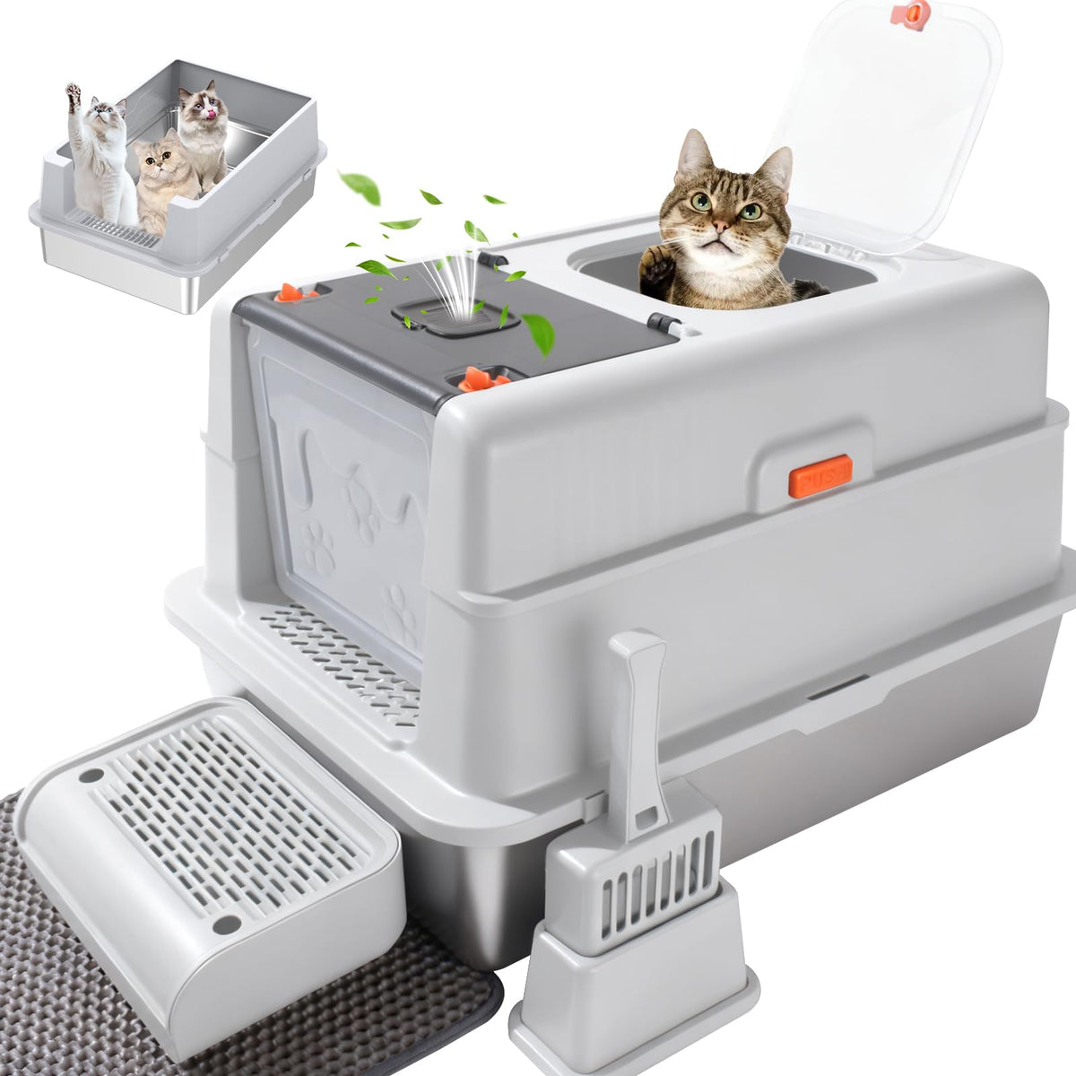 GOYJOY XXXL boîte litière inox avec couvercle, espace généreux pour grands chats