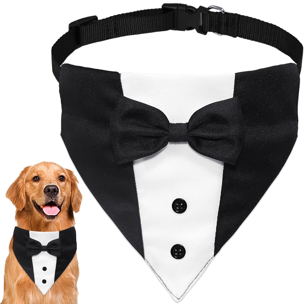 GOYOSWA smoking pour chien, bandana et noeud papillon noir et blanc visibles, idéal pour mariage