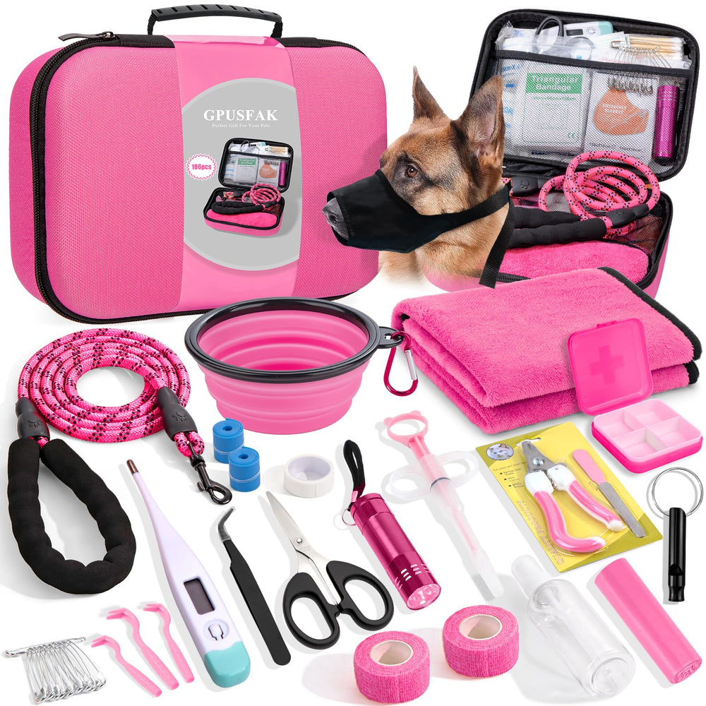 GPUSFAK kit premiers secours chien rose, pratique en randonnée et trajets quotidiens.