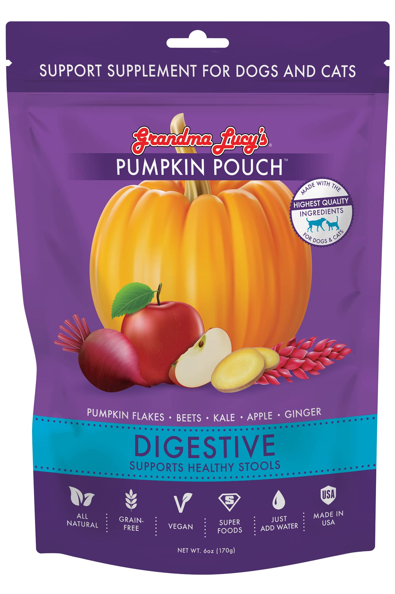 Emballage violet de Grandma Lucy's Pumpkin Pouch Digestive, pratique et prêt à l’emploi.