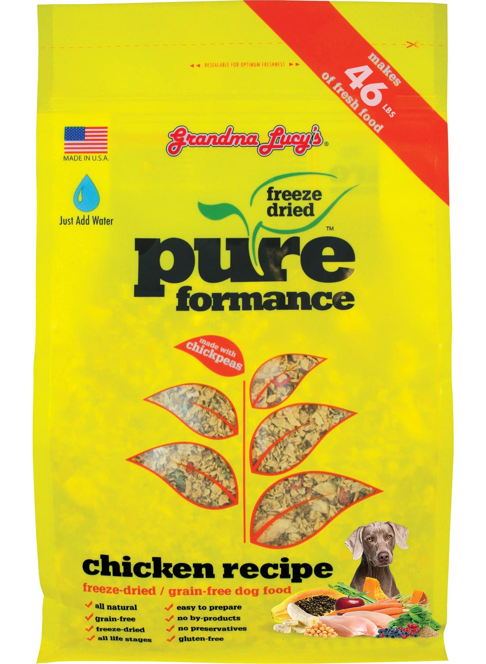 Grandma Lucy's Pureformance poulet lyophilisé emballage pratique pour déplacements.