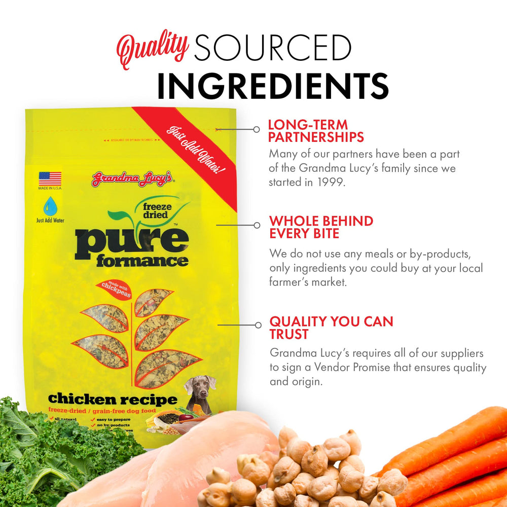 Ingrédients naturels et sains dans Grandma Lucy's Pureformance poulet lyophilisé.