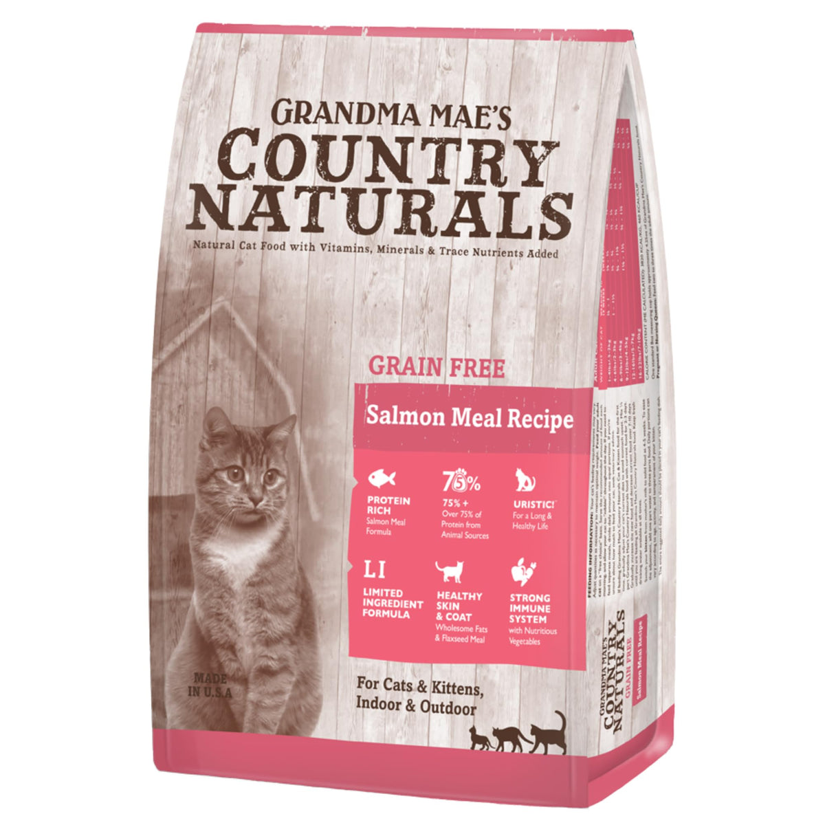 Grandma Mae's Chat saumon sans céréales, sac de 6 livres, nutrition dense et digestion facile.