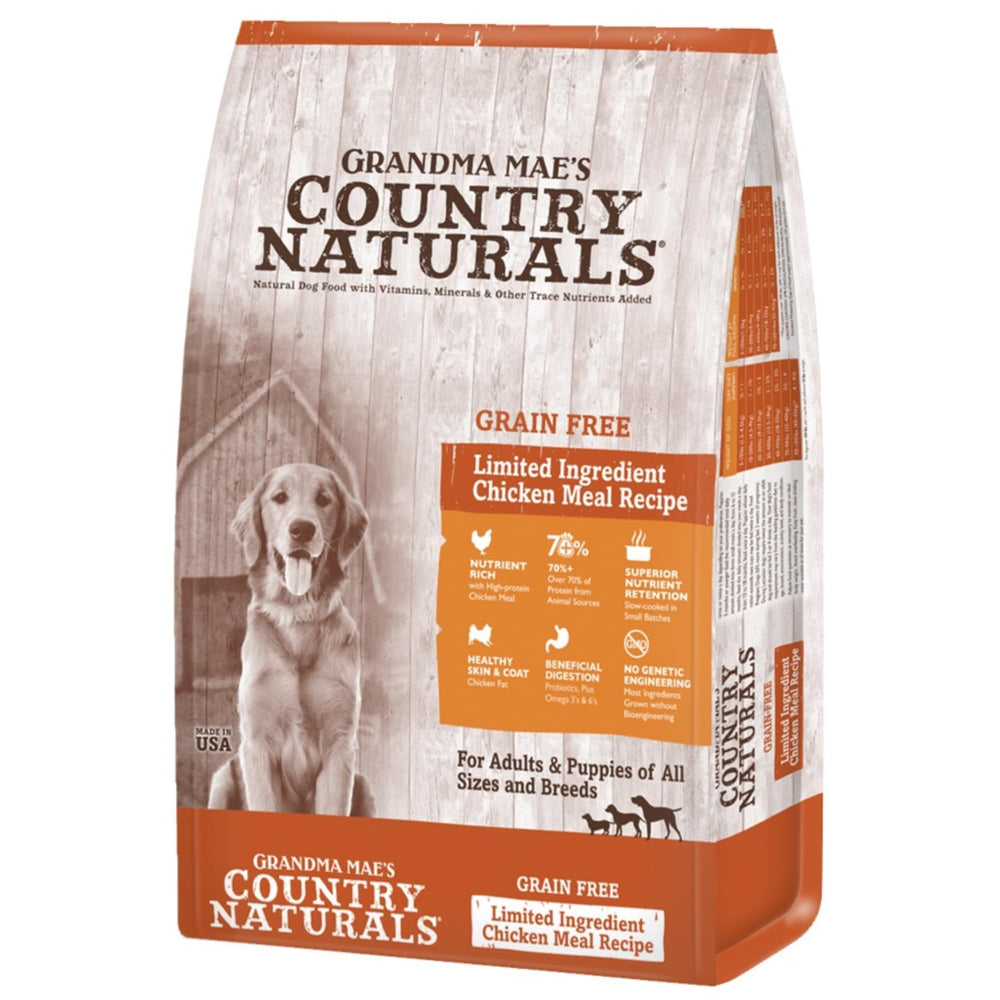 Grandma Mae's Country Naturals nourriture sèche chien poulet sans céréales, pour une alimentation équilibrée.