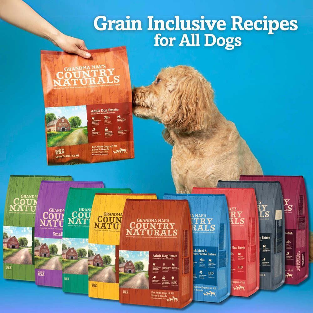 Croquettes Grandma Mae’s Country Naturals montrant cuisson lente et densité nutritionnelle.